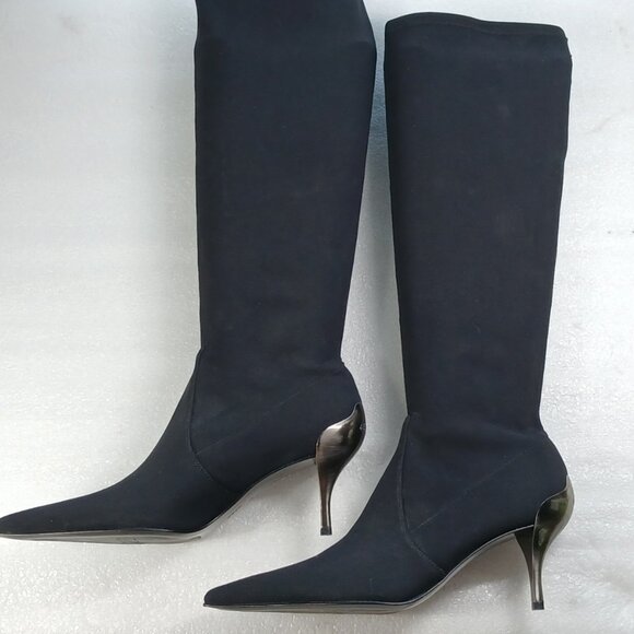 Donald J Pliner Black Stretch Tall Boots Metallic Heel Women's 8.5M 18" Italy VG - Picture 2 of 15